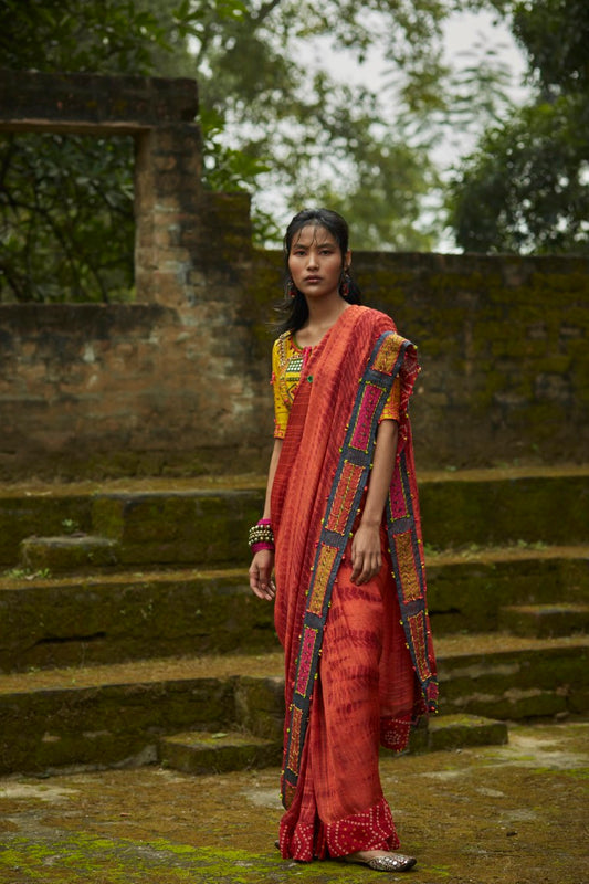 Silk Chiffon Orange Tie & Dye Saree Set