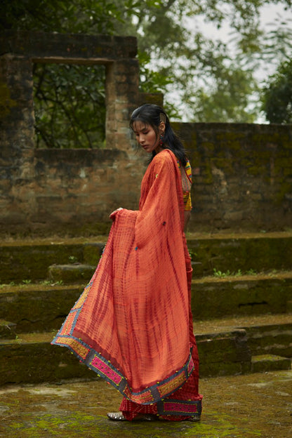 Silk Chiffon Orange Tie & Dye Saree Set