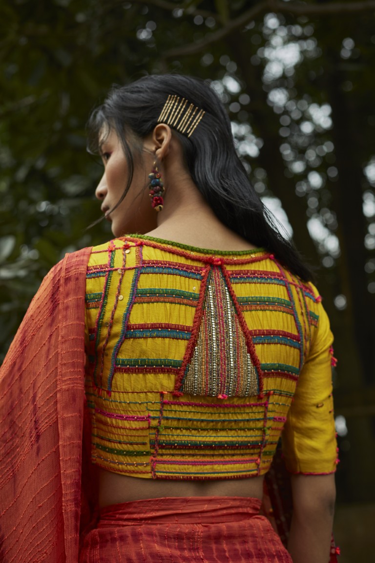 Silk Chiffon Orange Tie & Dye Saree Set