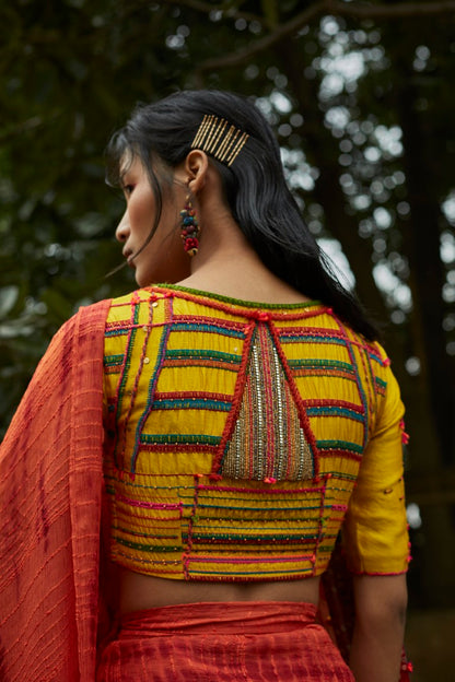 Silk Chiffon Orange Tie & Dye Saree Set