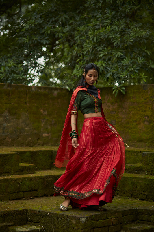 Red Silk Embroidered Lehenga Set