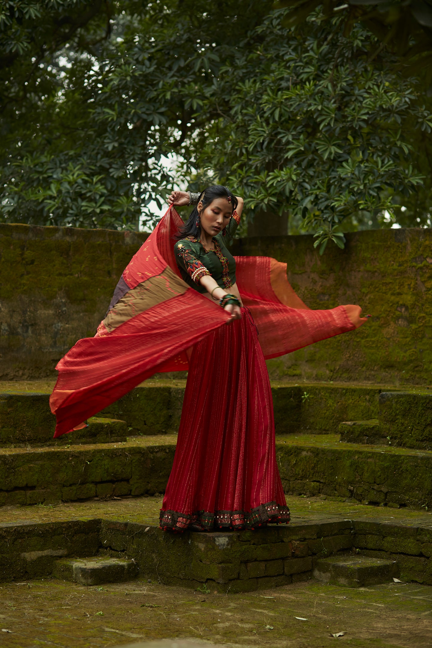 Red Silk Embroidered Lehenga Set