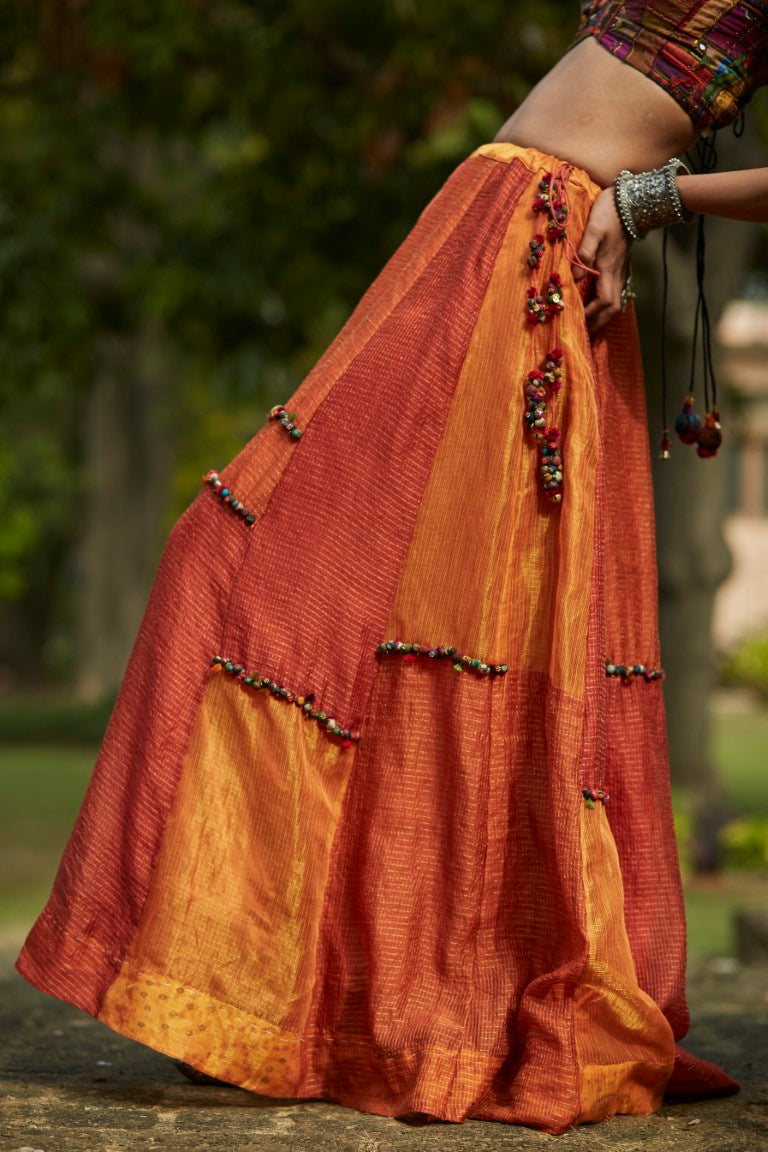 Orange Patchwork Embroidered Lehenga Set