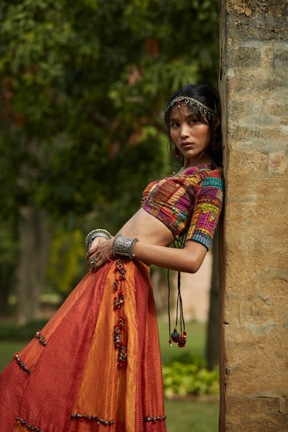 Orange Patchwork Embroidered Lehenga Set