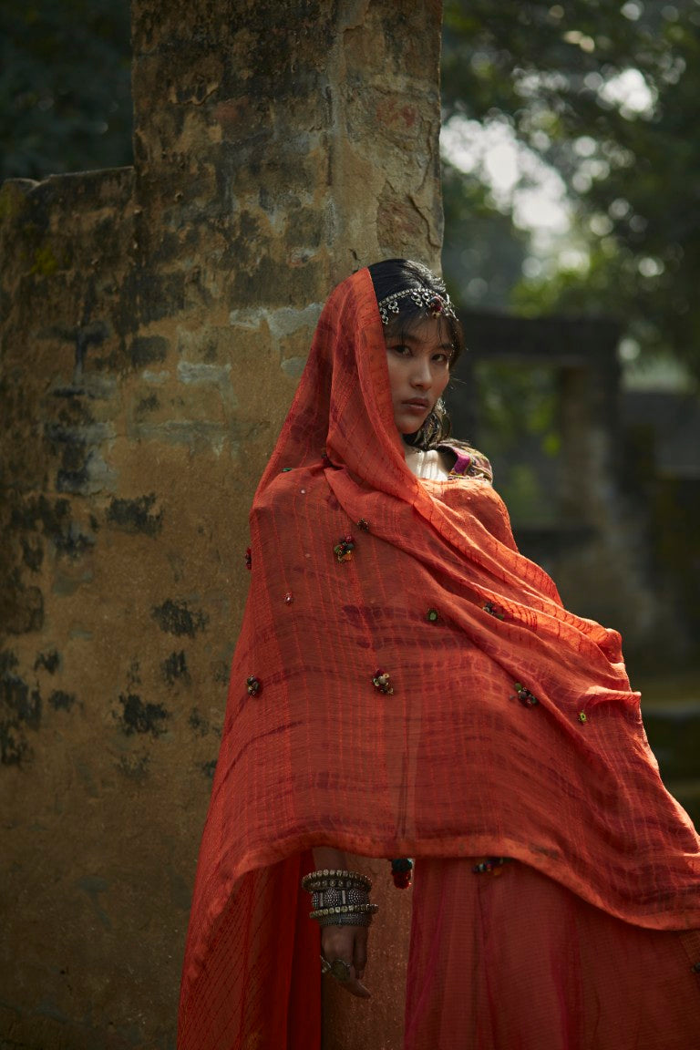 Orange Patchwork Embroidered Lehenga Set