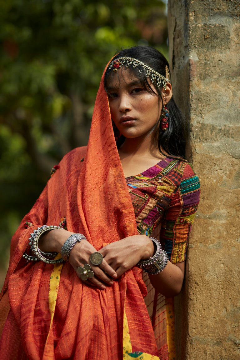 Orange Patchwork Embroidered Lehenga Set
