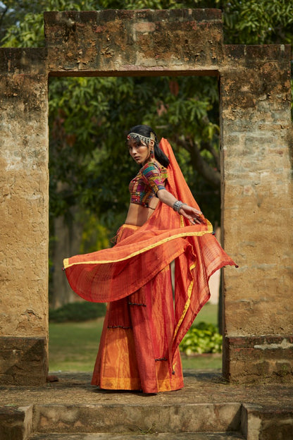 Orange Patchwork Embroidered Lehenga Set