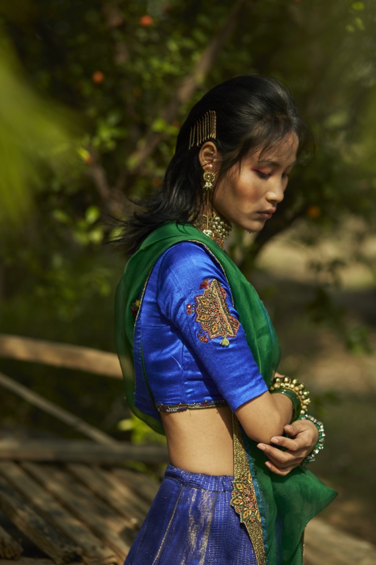Peacock Blue Panelled Lehenga Set