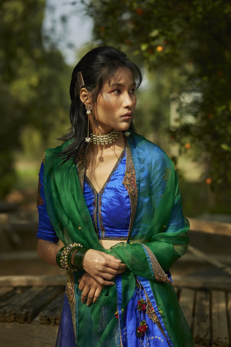 Peacock Blue Panelled Lehenga Set
