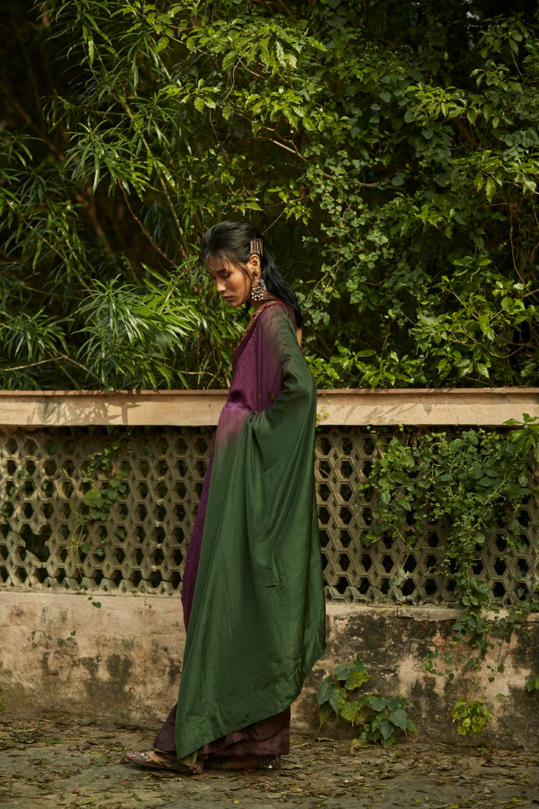 Purple & Green Ombre Saree & Embroidered Blouse