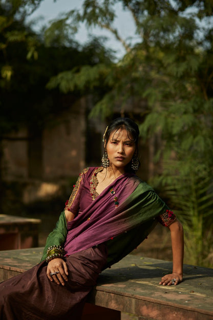 Purple & Green Ombre Saree & Embroidered Blouse