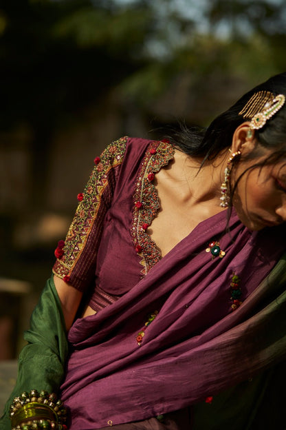 Purple & Green Ombre Saree & Embroidered Blouse