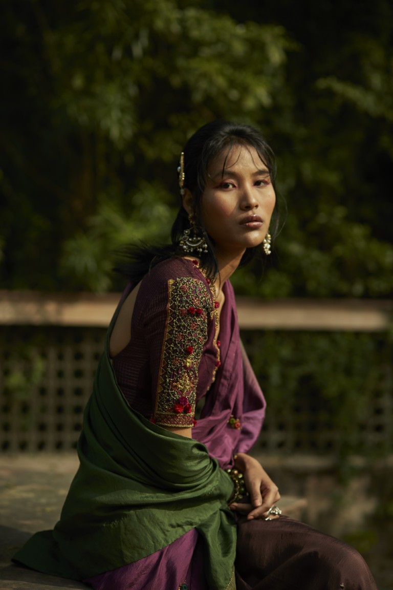 Purple & Green Ombre Saree & Embroidered Blouse