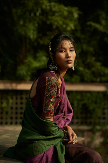 Purple & Green Ombre Saree & Embroidered Blouse
