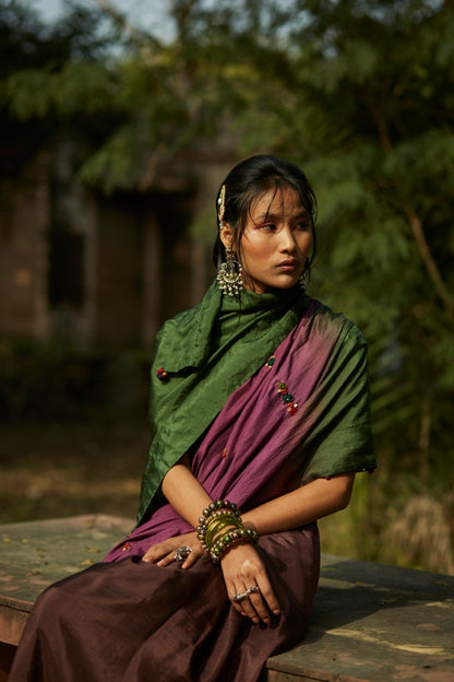 Purple & Green Ombre Saree & Embroidered Blouse