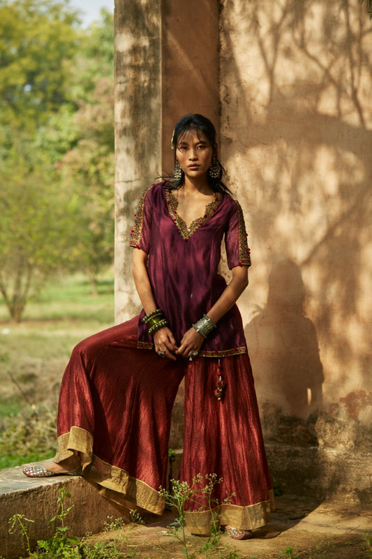 Purple & Red Silk Sharara Set with Chiffon Dupatta
