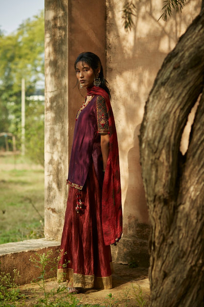 Purple & Red Silk Sharara Set with Chiffon Dupatta