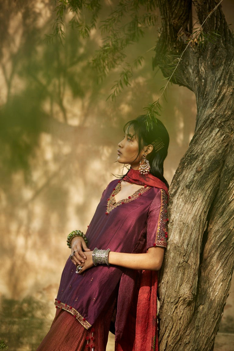 Purple & Red Silk Sharara Set with Chiffon Dupatta