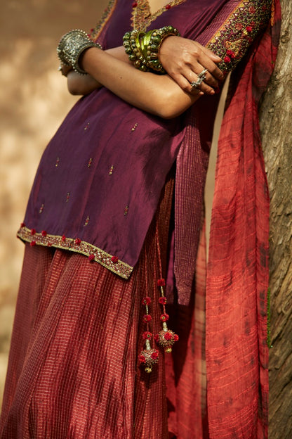 Purple & Red Silk Sharara Set with Chiffon Dupatta