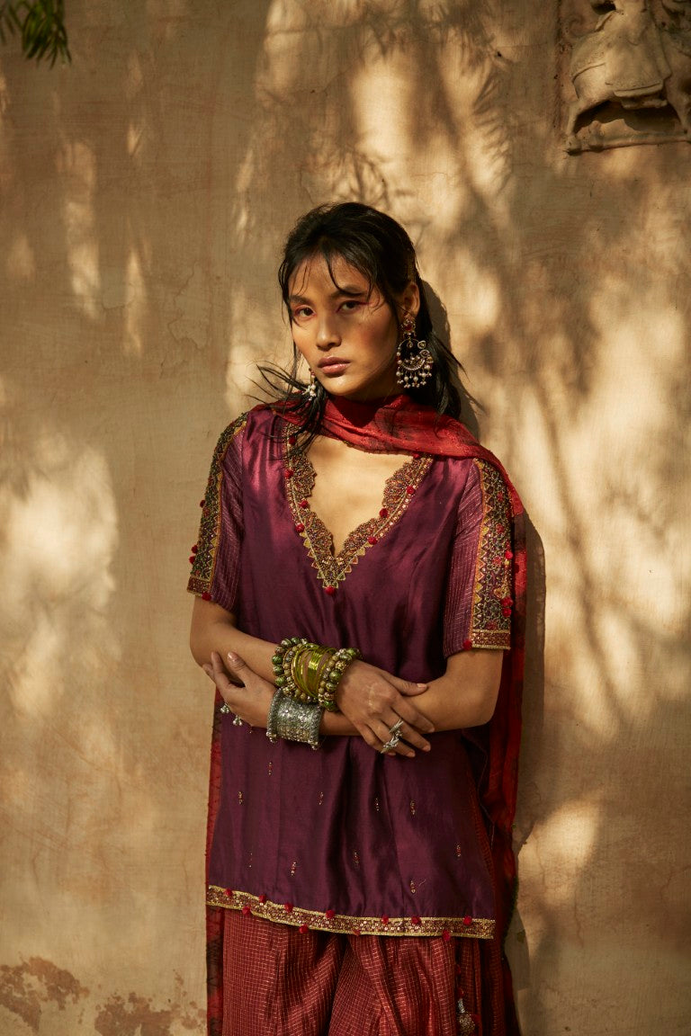 Purple & Red Silk Sharara Set with Chiffon Dupatta