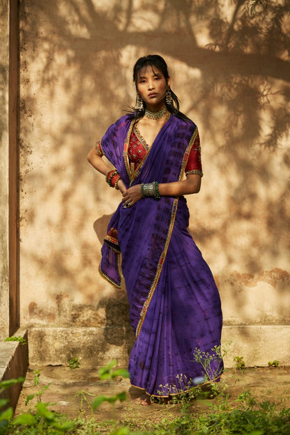 Purple Silk Crepe Bandhani Saree Set