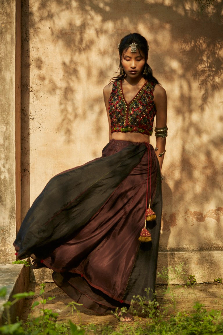 Brown & Black Panelled Lehenga Set