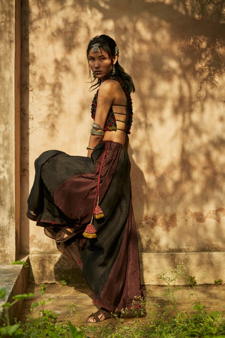 Brown & Black Panelled Lehenga Set