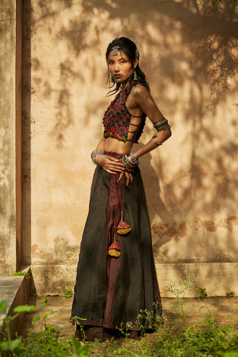 Brown & Black Panelled Lehenga Set