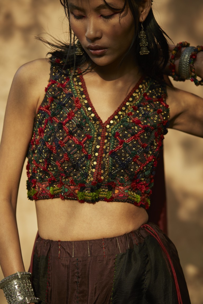Brown & Black Panelled Lehenga Set