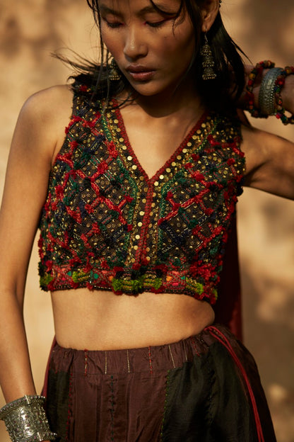Brown & Black Panelled Lehenga Set