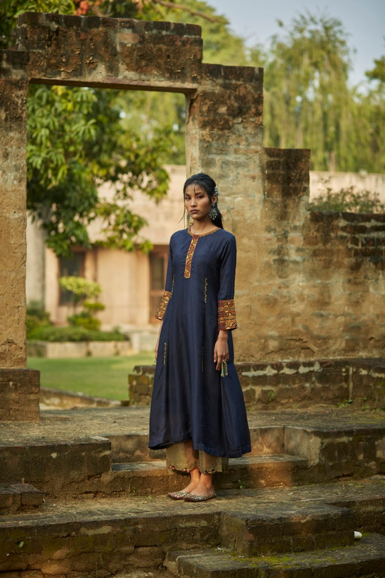 Blue Silk Embroidered Kurta Set