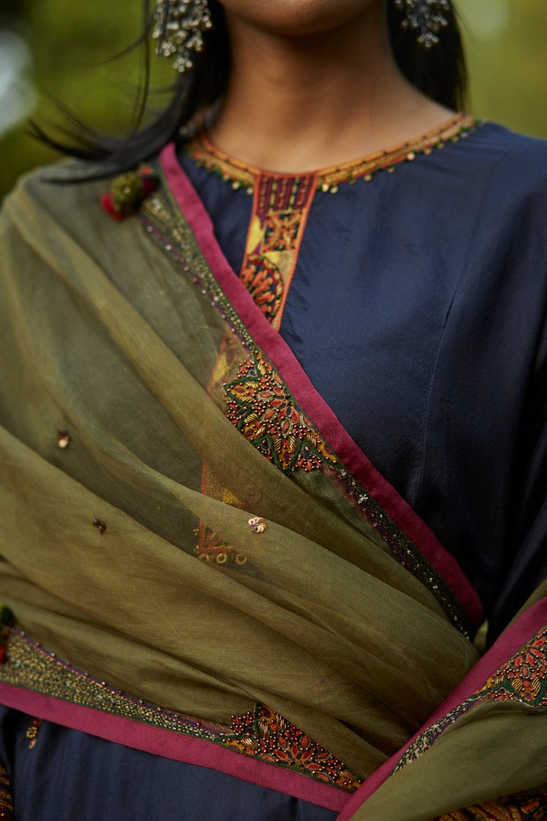 Blue Silk Embroidered Kurta Set