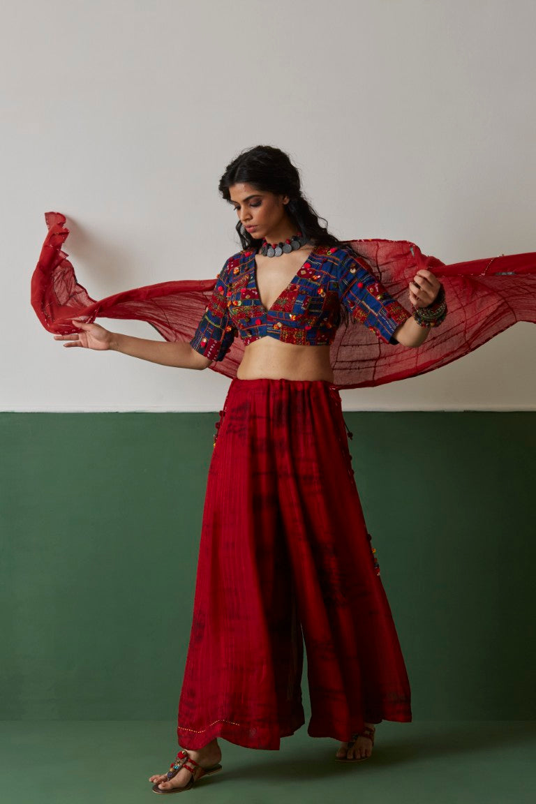 Red & Blue Hand Embroidered Co-ord Set