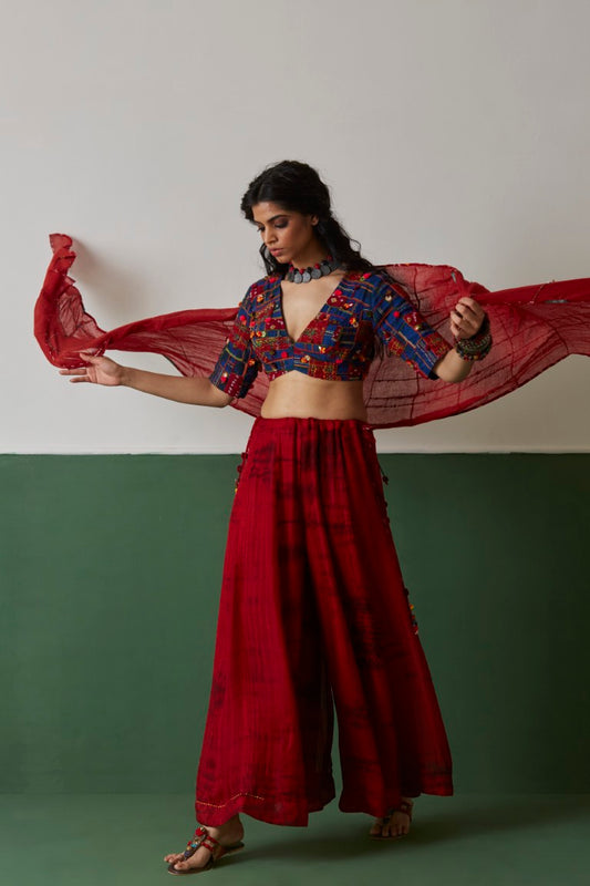 Red & Blue Hand Embroidered Co-ord Set