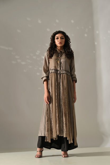 Beige Lace & Net Detail Long Tunic