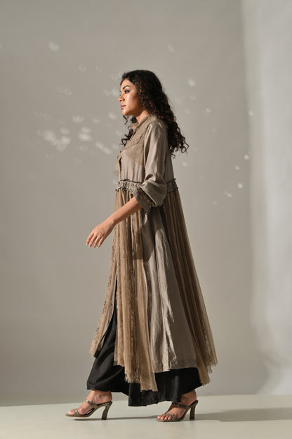 Beige Lace & Net Detail Long Tunic