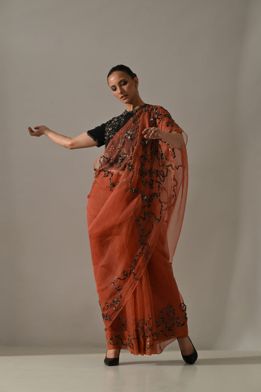 Peach Black Hand Embroidered Saree Set