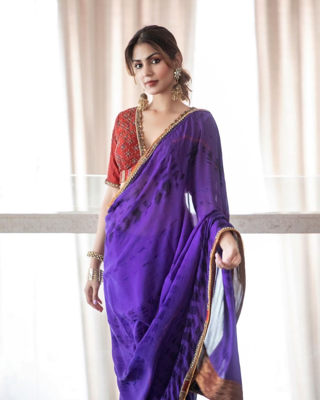 Purple Silk Crepe Bandhani Saree Set