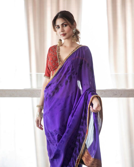 Purple Silk Crepe Bandhani Saree Set