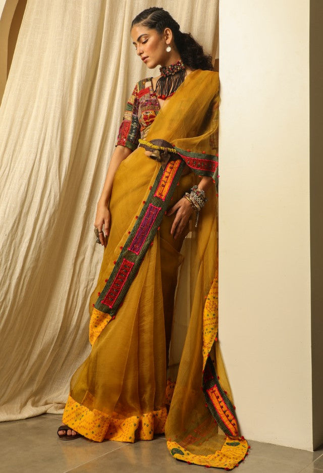 Yellow Silk Organza Saree