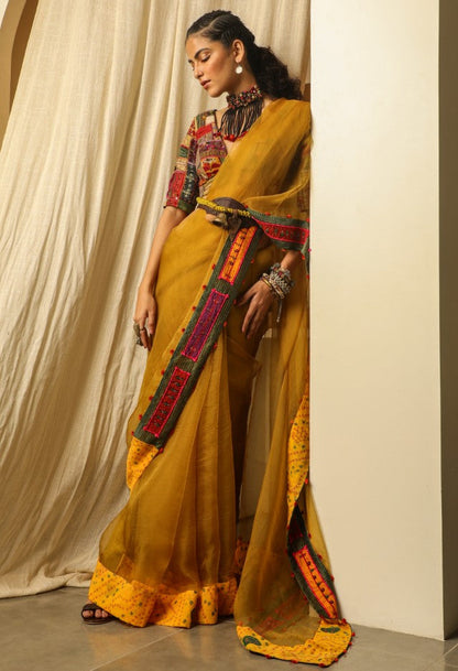Yellow Silk Organza Saree