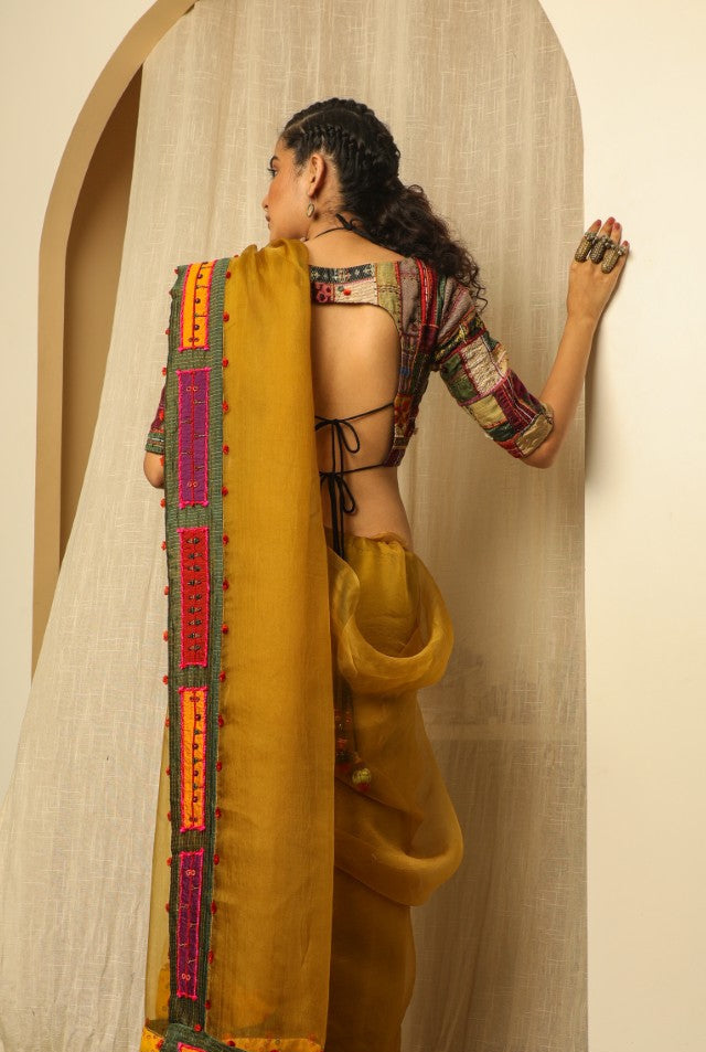 Yellow Silk Organza Saree