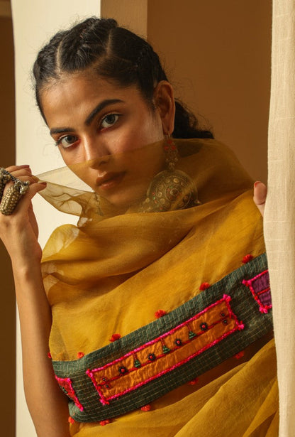 Yellow Silk Organza Saree