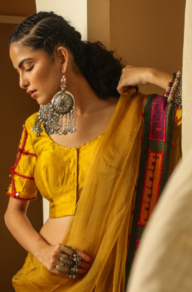 Yellow Silk Organza Saree