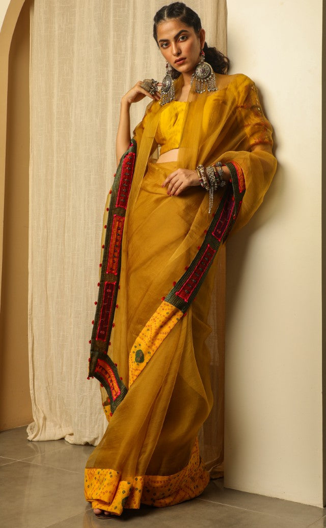 Yellow Silk Organza Saree