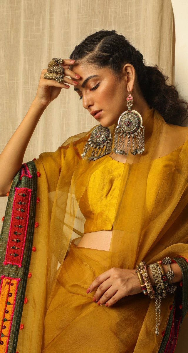 Yellow Silk Organza Saree