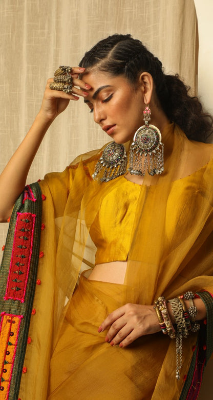 Yellow Silk Organza Saree