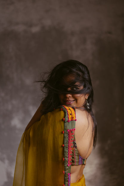 Yellow Silk Organza Saree