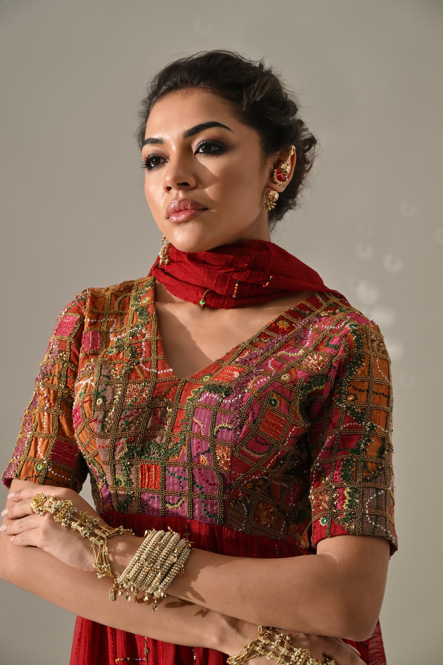 Red Hand Embroidered Anarkali Set