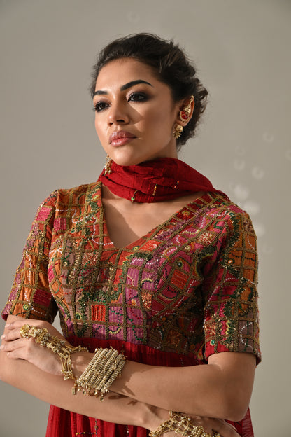 Red Hand Embroidered Anarkali Set
